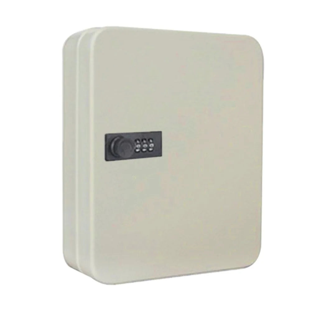 Beige metal wall-mounted key storage box with a black combination dial lock.