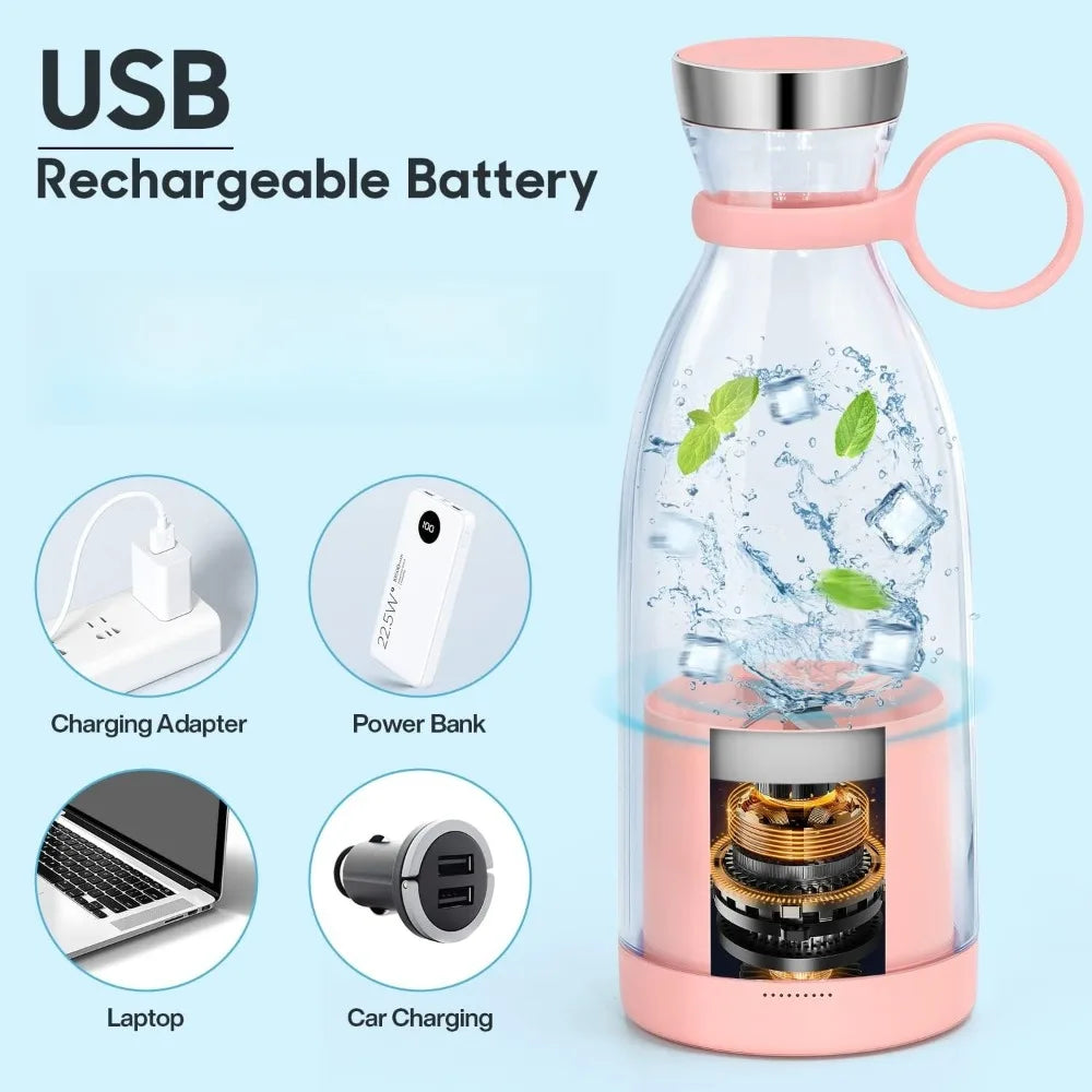 Pink USB-rechargeable portable blender bottle with a clear body, carrying ring, and visible internal motor.