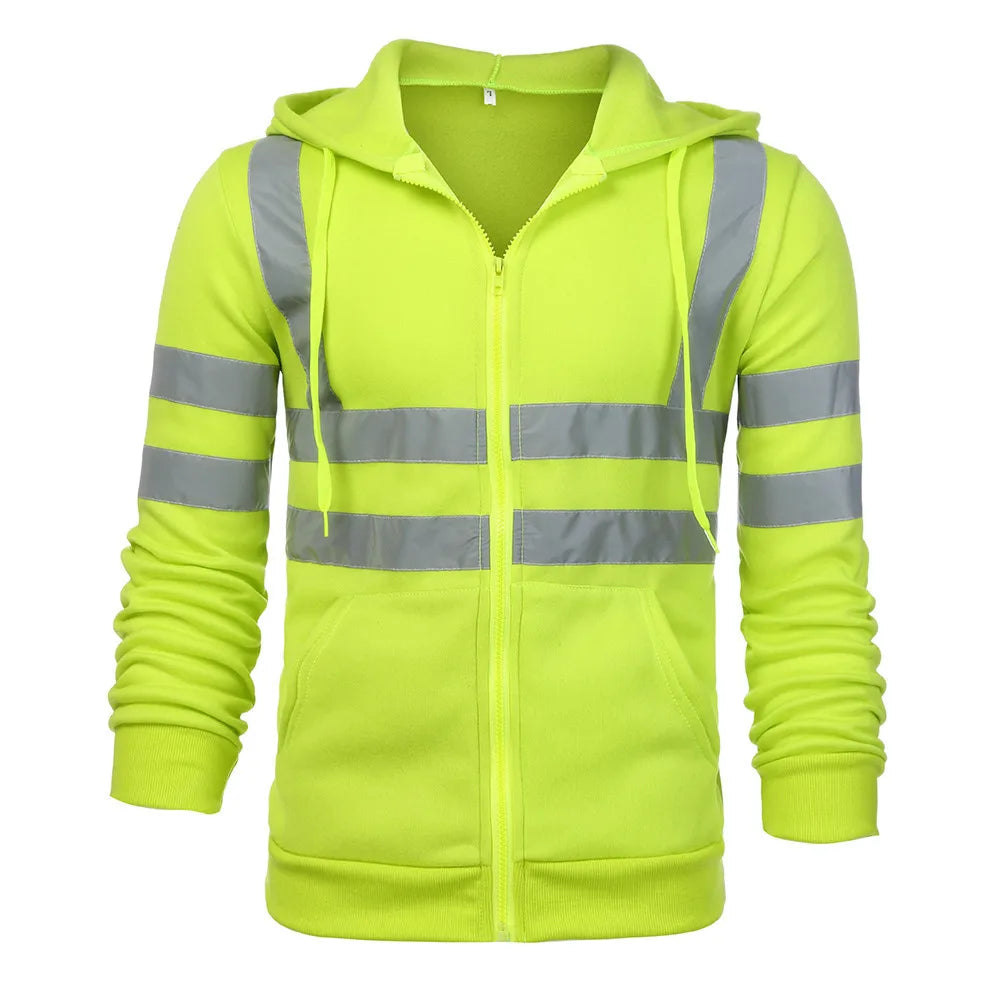 Men's neon yellow high-visibility thermal hoodie with zip front, hood and reflective silver stripes on torso and arms.