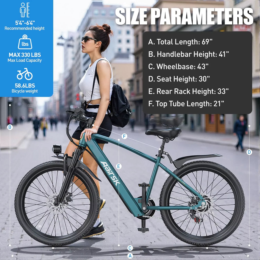 Teal Aairsk GT300 adult e-bike with 26-inch knobby tires, front suspension, dual disc brakes, and integrated frame battery.