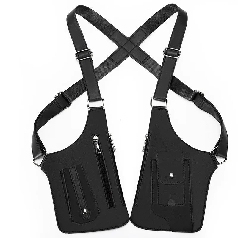 Black tactical chest bag with dual pouches, adjustable cross-body straps, and zip and press-stud closures.