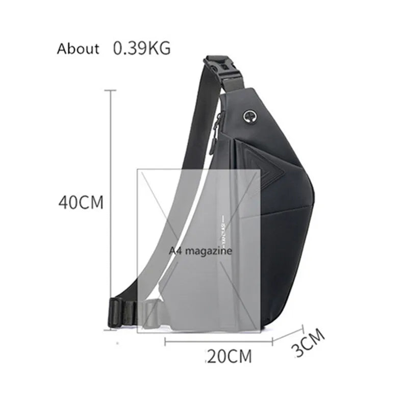 Black anti-theft crossbody sling bag showing dimensions, lightweight design, and A4 storage capacity.