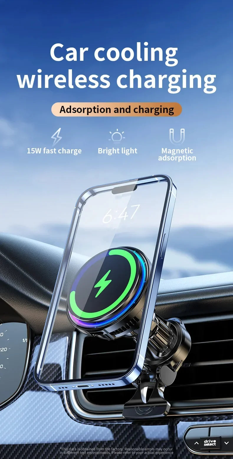 Magnetic car phone mount with 15W wireless charging, cooling fan, and circular green LED light ring, attached to a vent.