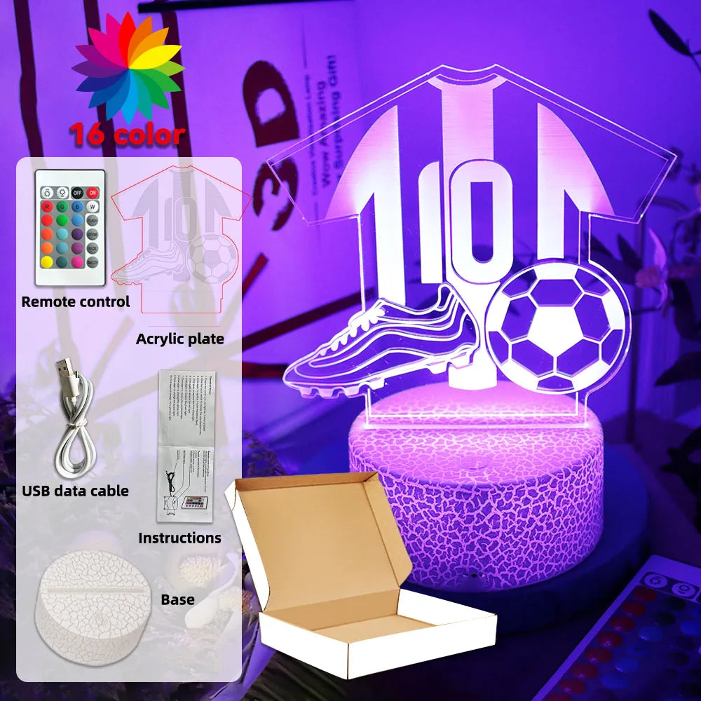 3D football-themed LED lamp with shirt, boot, and ball design. Includes 16-colour remote, base, and USB cable.