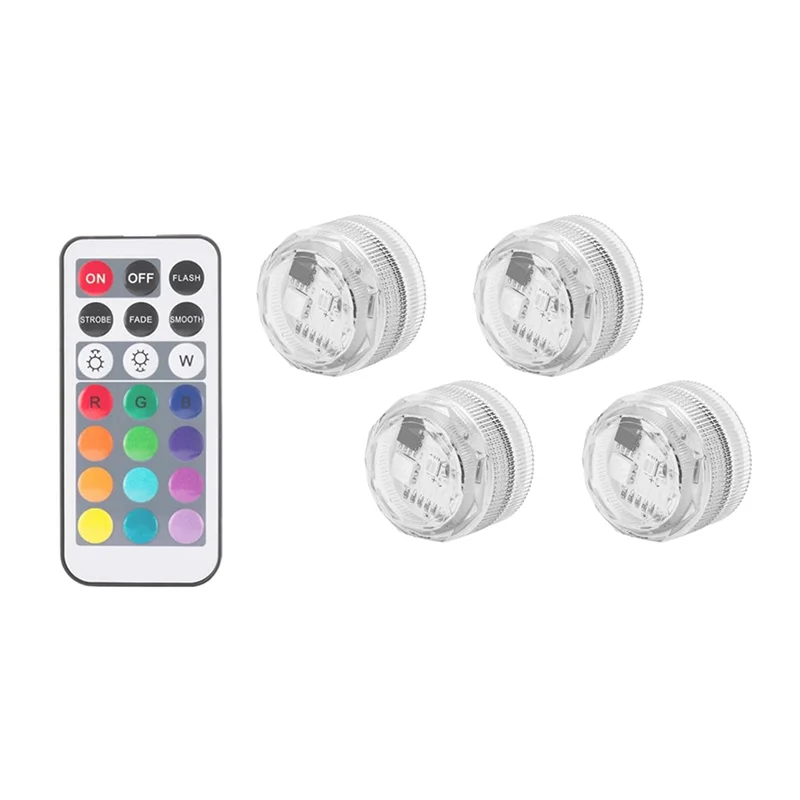 Four clear, capsule-shaped LED lighting modules for slushie machines, accompanied by a multi-coloured remote control.