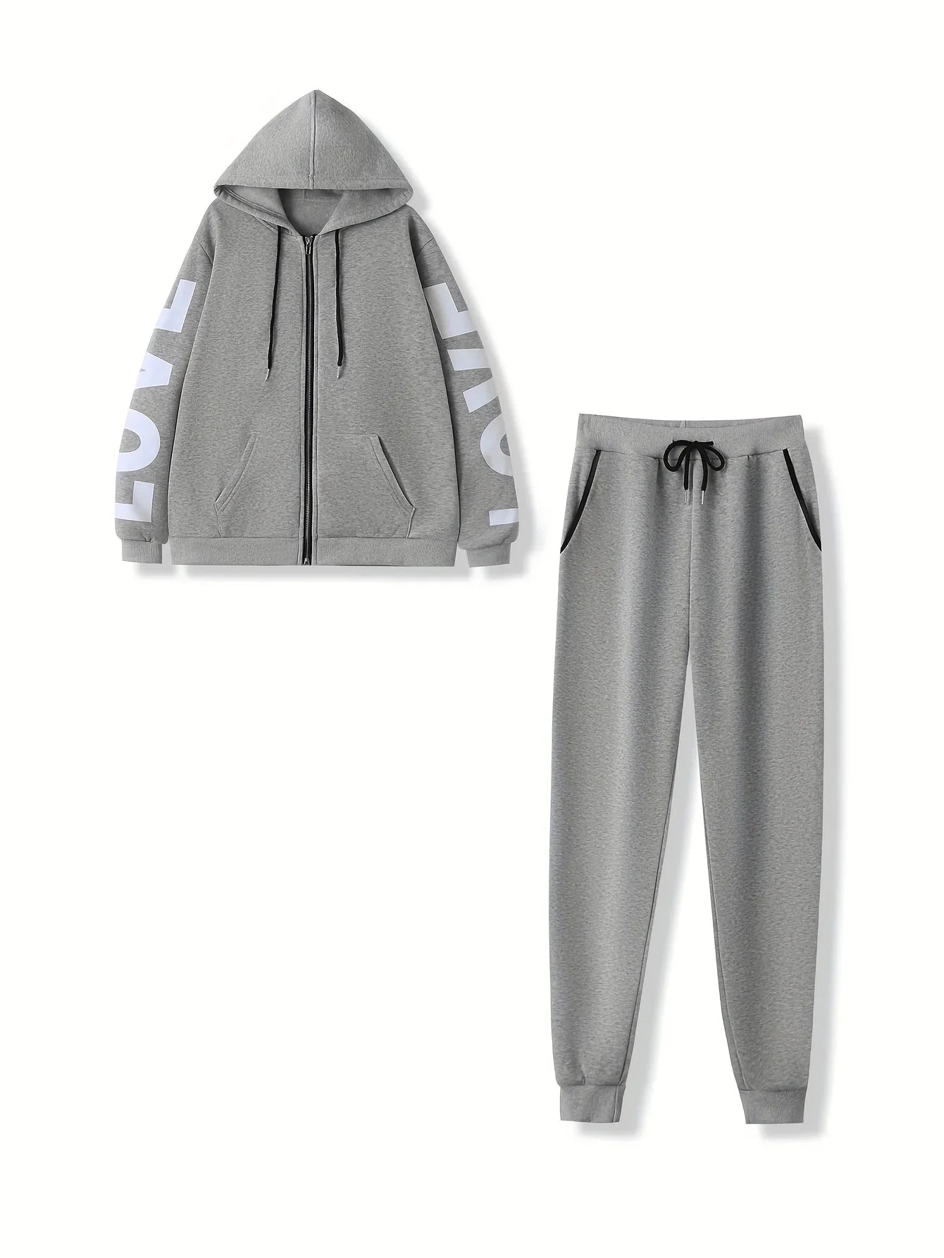 Grey hooded zip-up tracksuit with "LOVE" printed on sleeves, featuring drawstring hoodie and matching joggers.