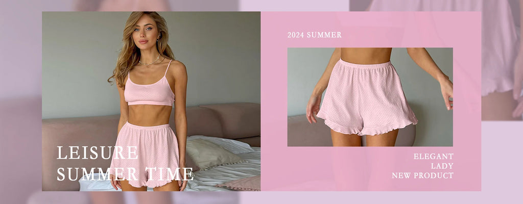 Light pink, textured two-piece lounge set featuring a spaghetti strap crop top and frilled-hem shorts.