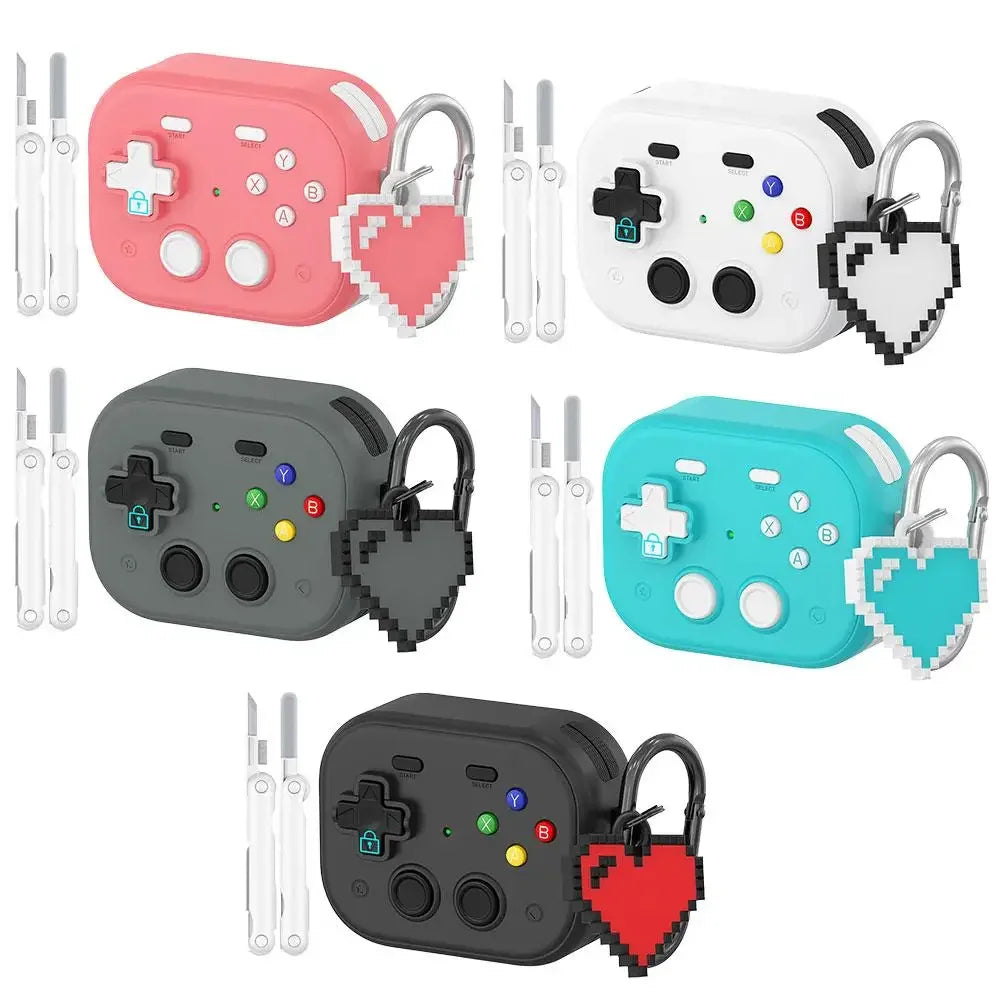 Retro silicone AirPods cases shaped like games controllers, featuring pixel-heart keychains in various colours.