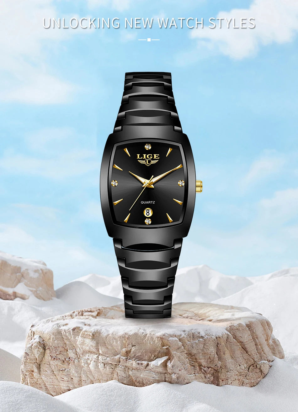 Elegant black stainless steel ladies' quartz watch with gold hands, crystal markers, and a date display.