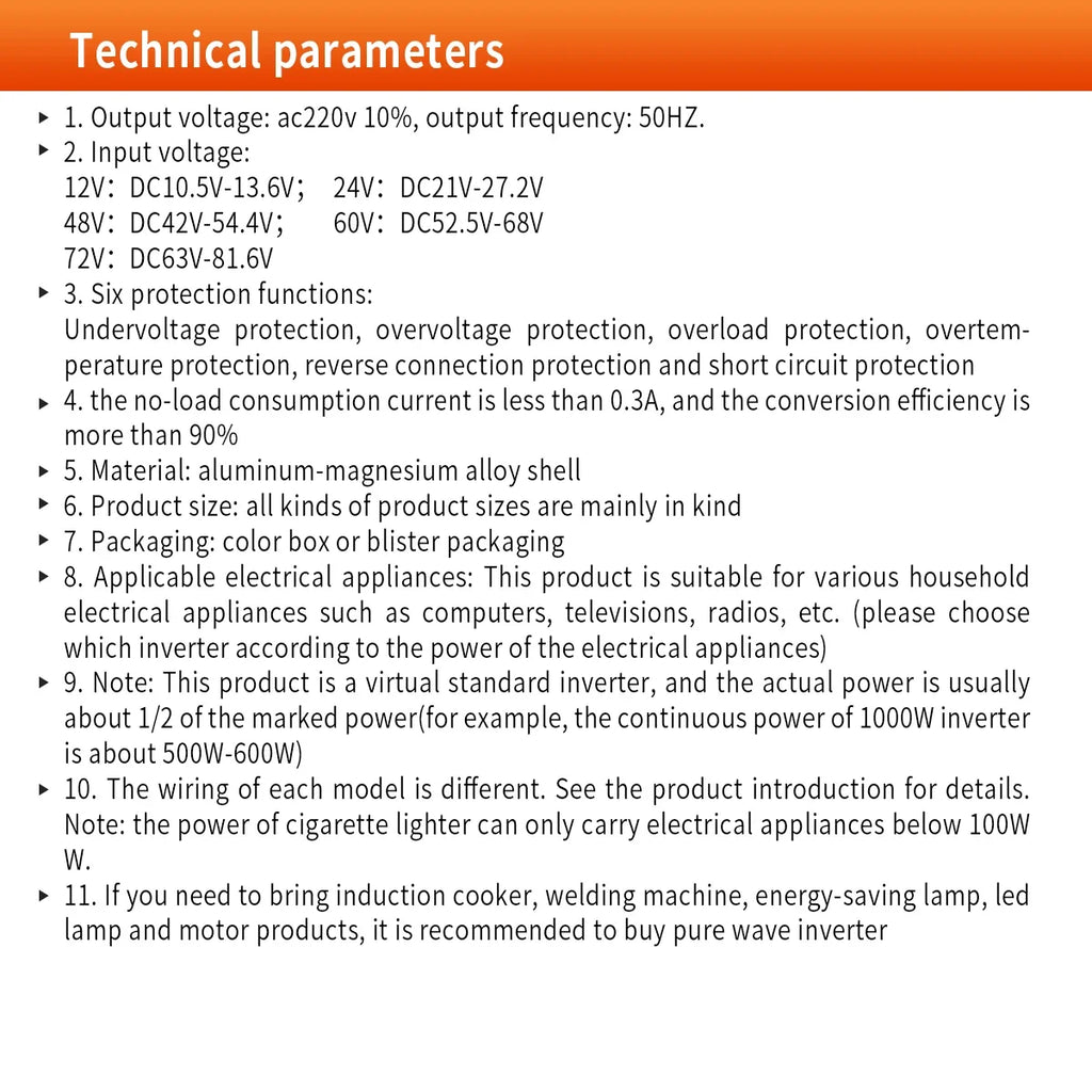 Technical specifications list for a durable aluminium alloy pure sine wave power inverter with safety protection features.