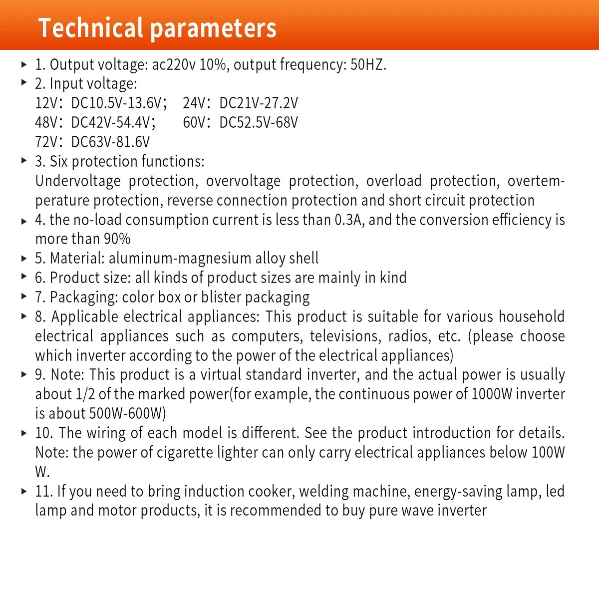 Technical specifications list for a durable aluminium alloy pure sine wave power inverter with safety protection features.
