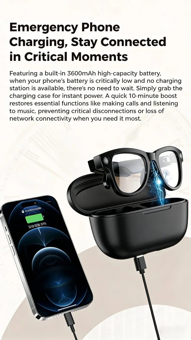 Black smart glasses with built-in camera and photochromic lenses resting in a charging case connected to a smartphone.