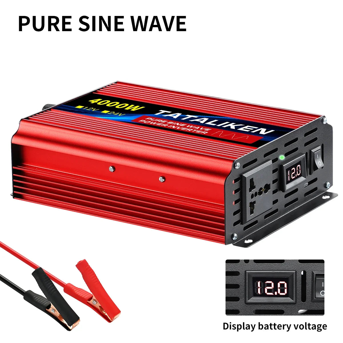 Red 4000W pure sine wave power inverter with a digital voltage display, AC socket, power switch, and battery cables.