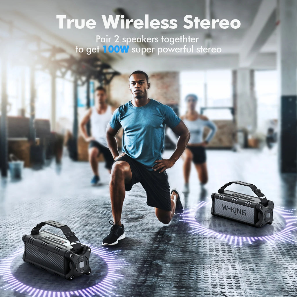 Two portable, black, rugged waterproof Bluetooth speakers in a gym setting with visual sound wave effects.