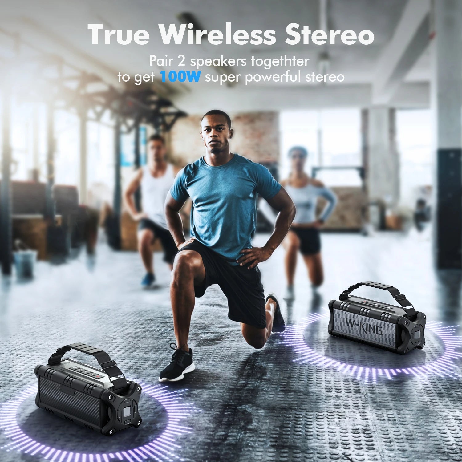 Two portable, black, rugged waterproof Bluetooth speakers in a gym setting with visual sound wave effects.