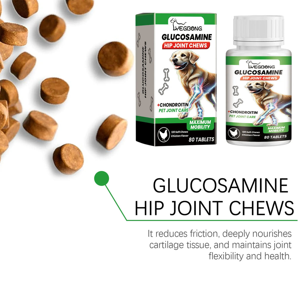 Glucosamine hip and joint soft chews for dogs, chicken flavoured, in a box and bottle with 80 brown supplement tablets.