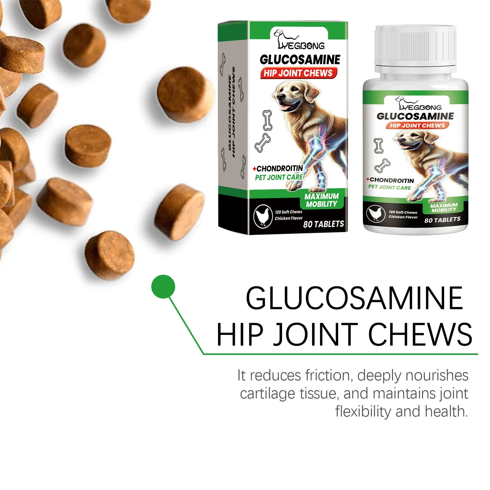 Glucosamine hip and joint soft chews for dogs, chicken flavoured, in a box and bottle with 80 brown supplement tablets.