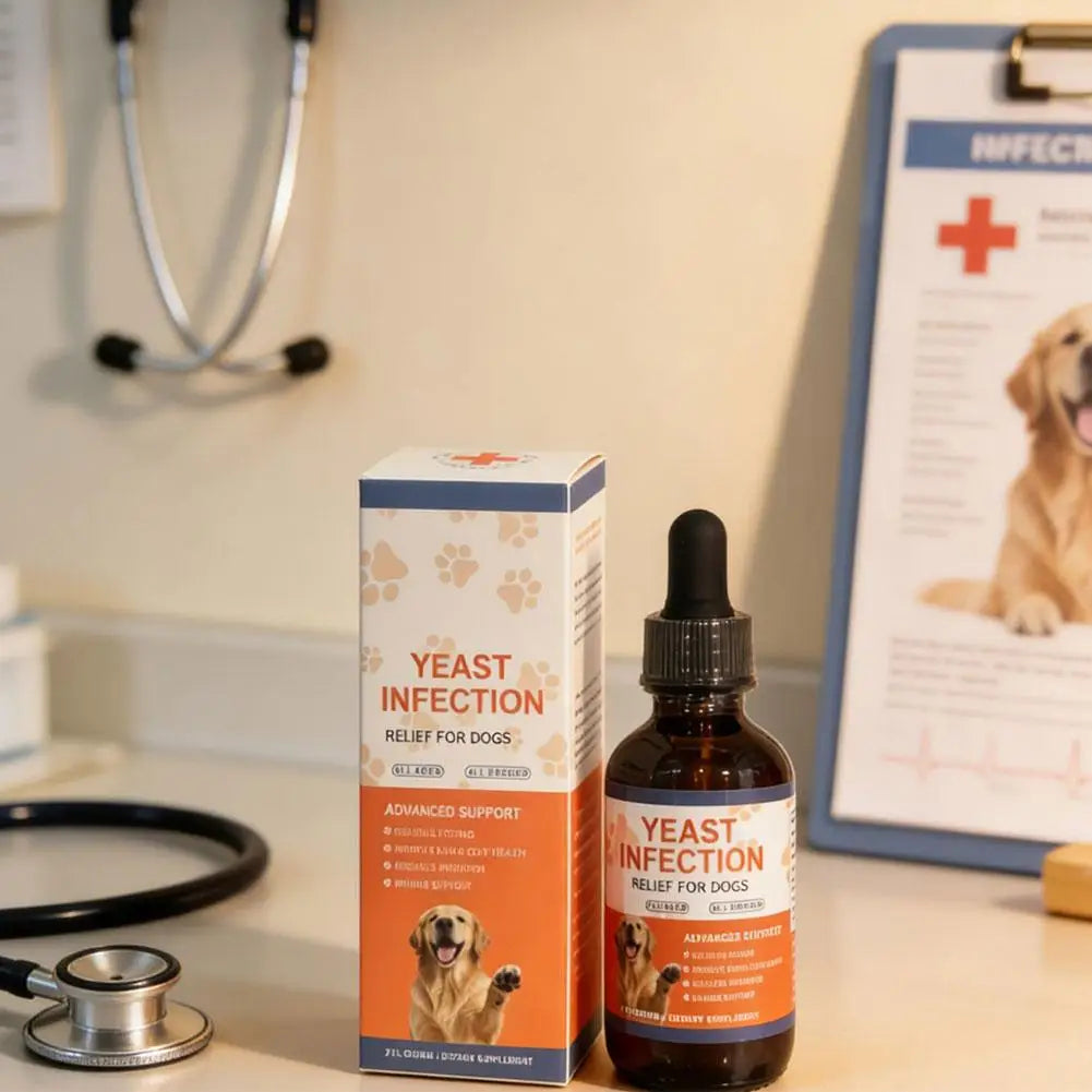Yeast infection relief for dogs: amber dropper bottle and box with orange accents and a dog image on a clinic desk.