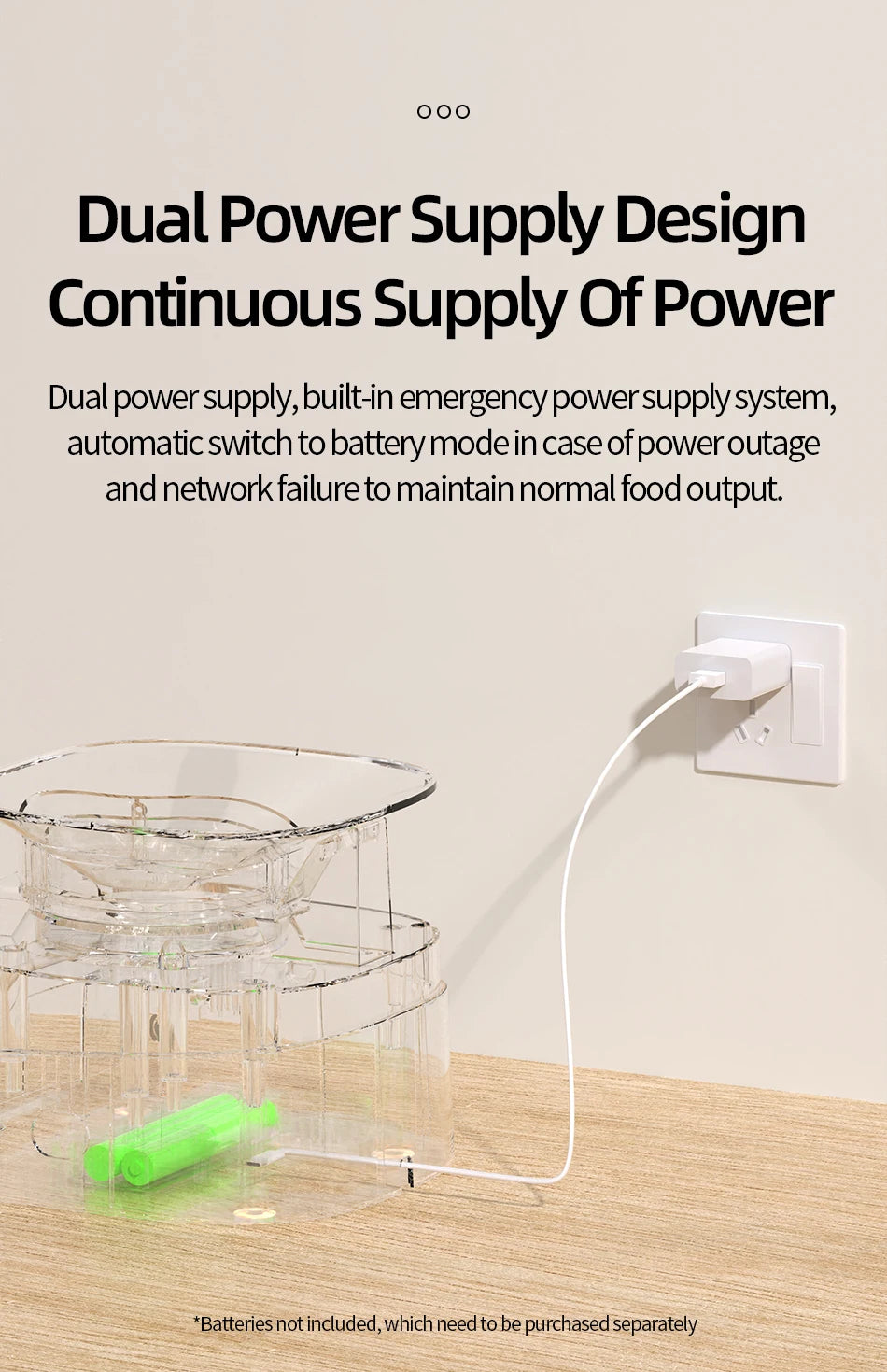 Clear plastic automatic pet feeder plugged into a wall outlet, featuring a dual power supply design.