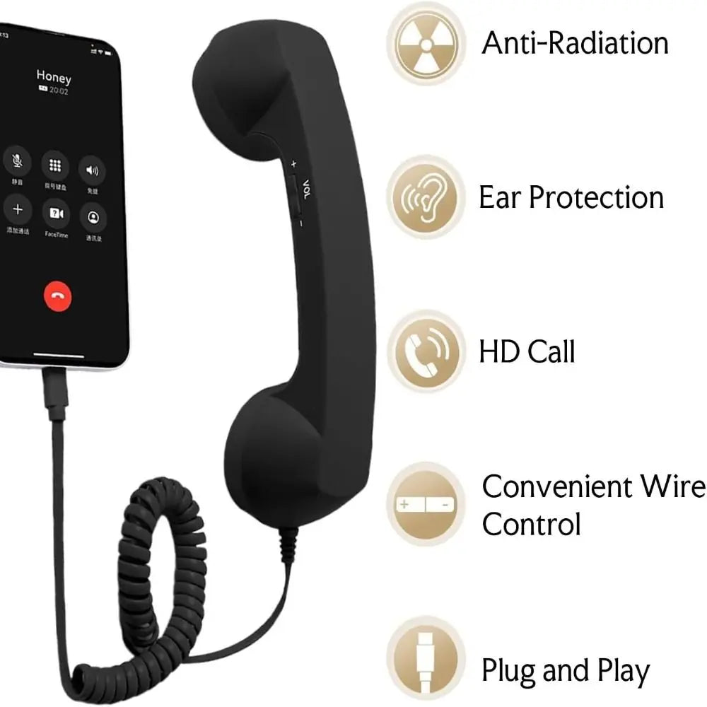 Matte black retro-style telephone handset for smartphones, featuring a coiled cord, volume control, and plug-and-play.