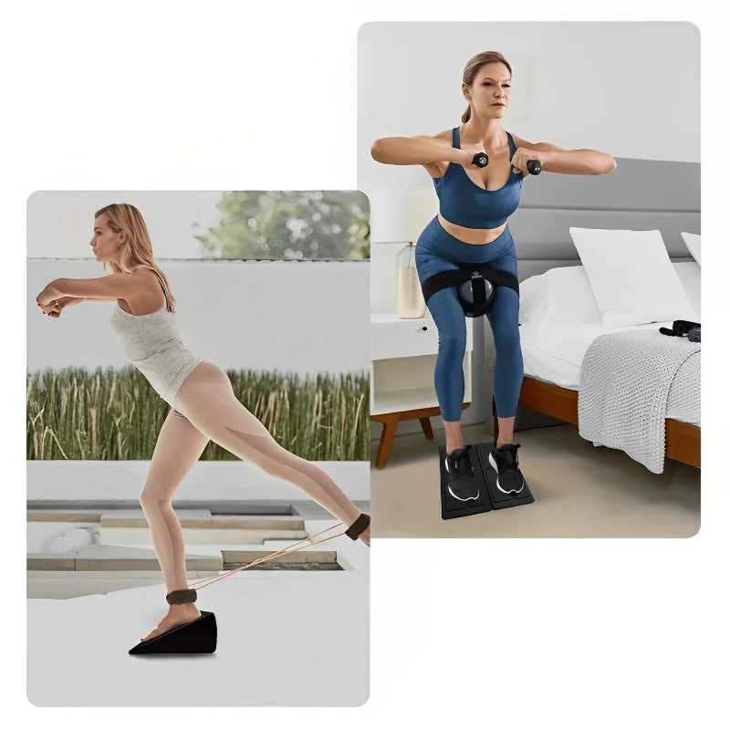 A woman using black wedge exercise blocks and resistance bands to perform squats and lunges.
