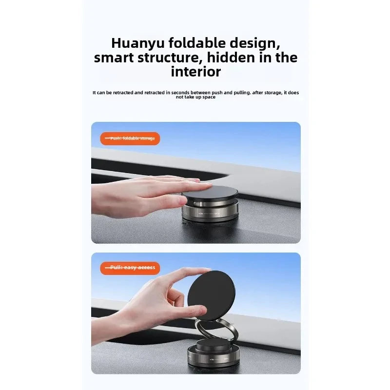 A sleek, circular, foldable black car phone mount that retracts flush into a mounting base with a metal-finish ring.