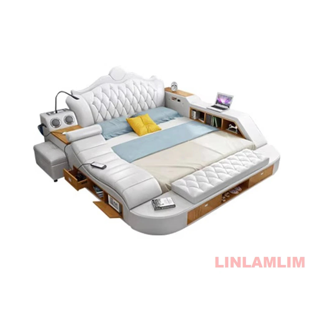 Modern white leather platform bed with tufted headboard, built-in storage shelves, LED lights, and integrated speakers.