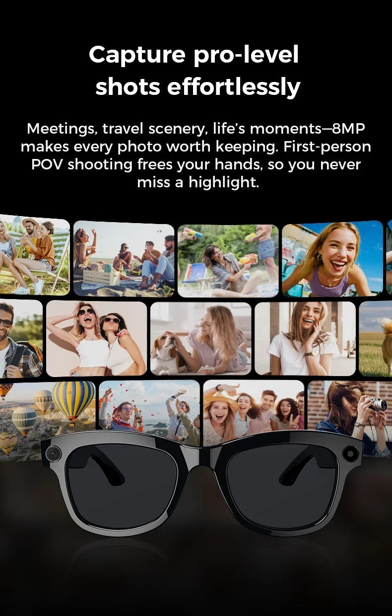 Black smart glasses with integrated HD cameras, shown against a collage of lifestyle photos captured from a POV angle.