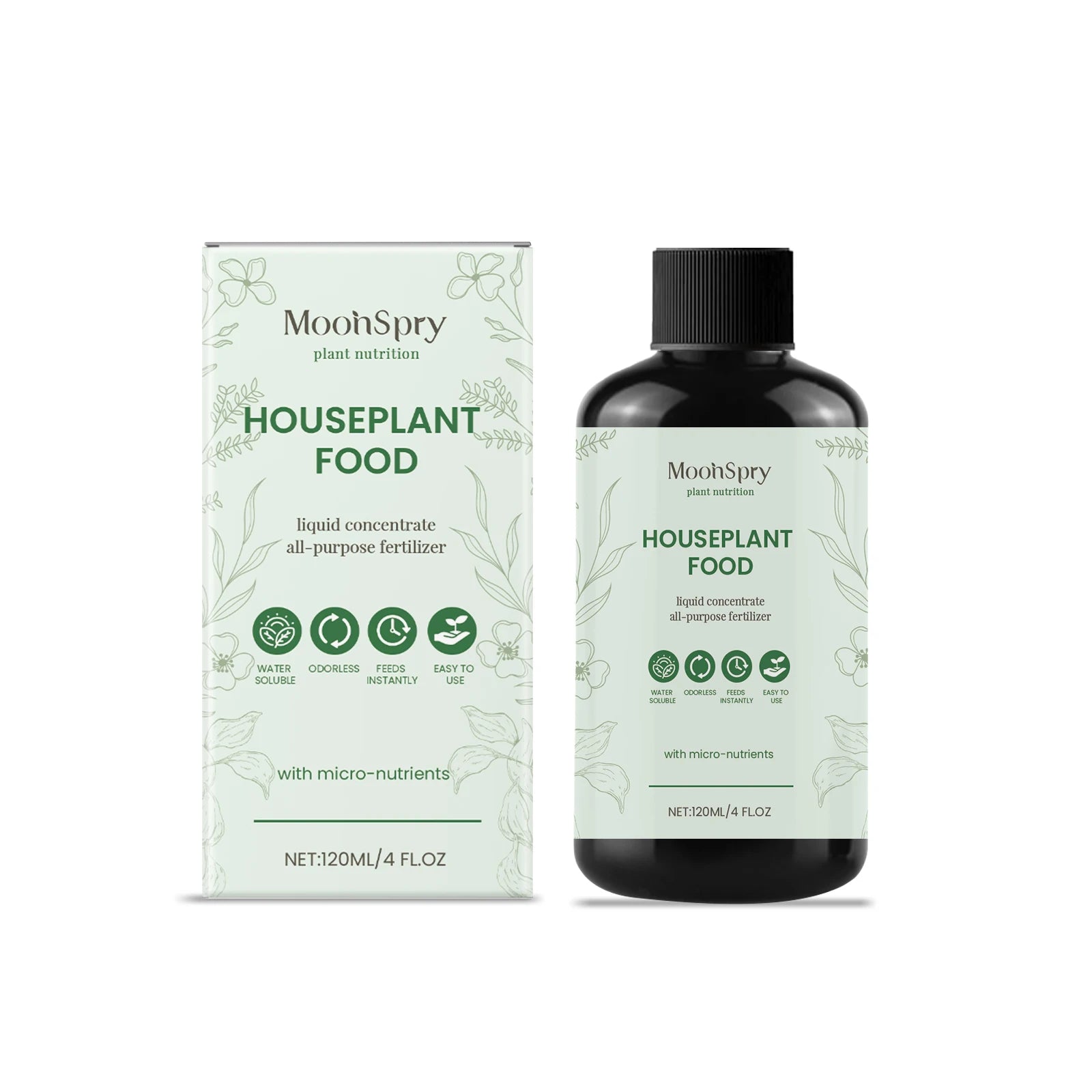 120ml bottle and box of liquid houseplant fertilizer with a botanical design, featuring micro-nutrients and plant icons.