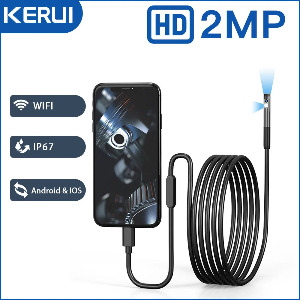 Black HD inspection camera with coiled cable connected to a smartphone, showing WiFi, IP67, and mobile compatibility.
