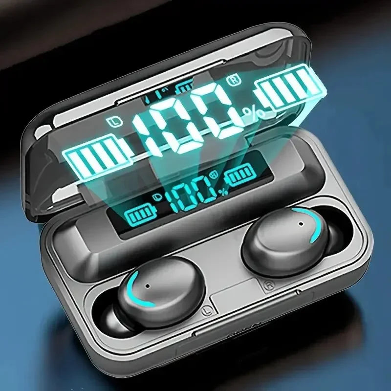 Black wireless earbuds in a charging case with a holographic blue LED digital battery percentage display.