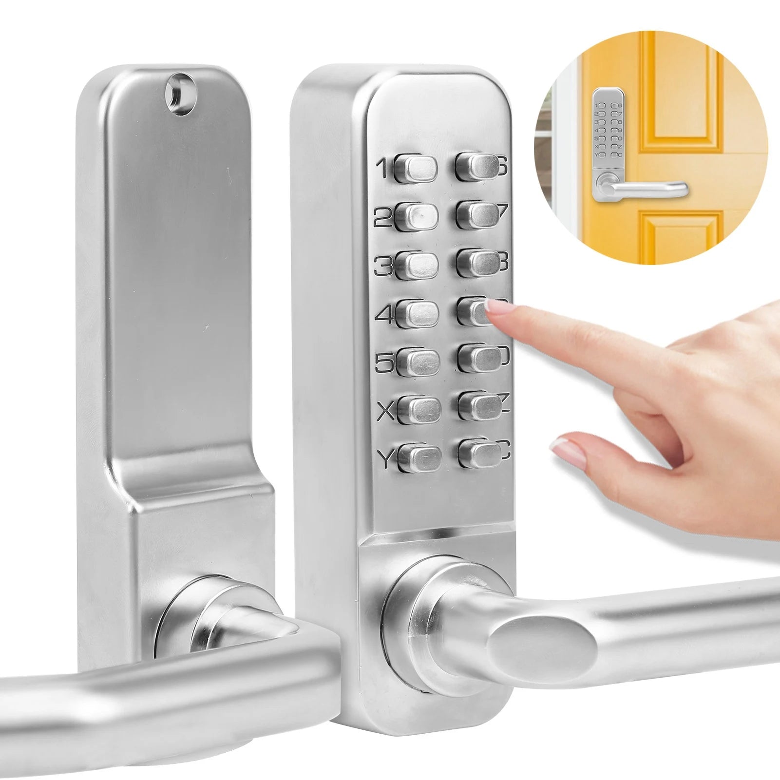 Silver metal mechanical keypad door lock with handle, shown being operated by a finger.