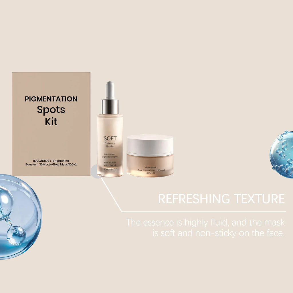 Pigmentation Spots Kit featuring a brightening booster dropper bottle and a glow face mask jar in beige packaging.