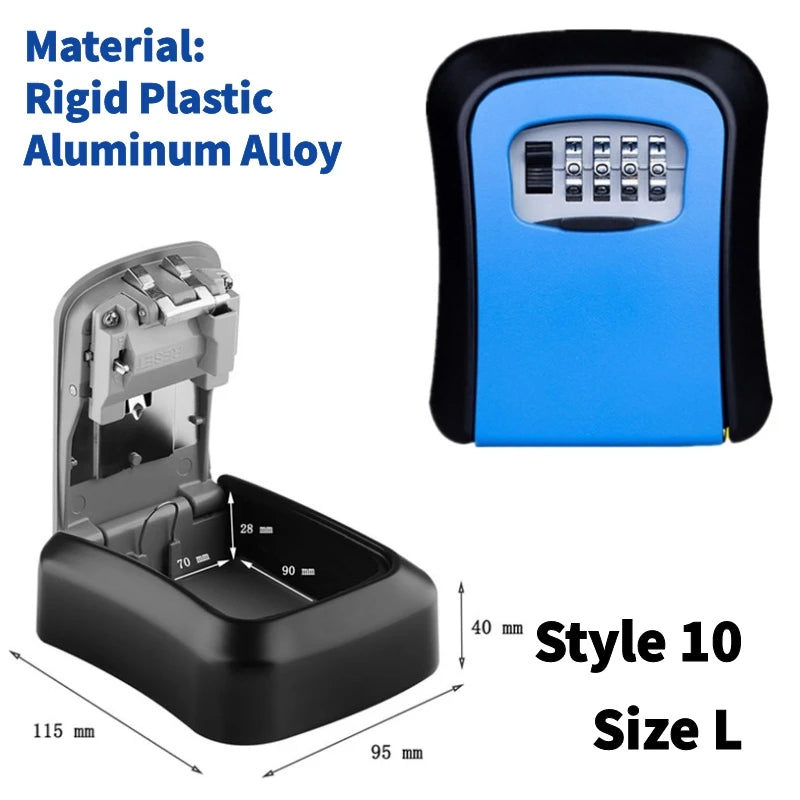 Blue and black wall-mounted metal key lock box with a 4-digit combination dial, shown open and closed with dimensions.