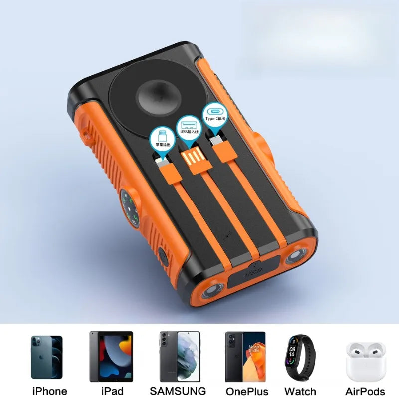 Black and orange rugged 20000mAh solar power bank with integrated charging cables, magnetic wireless charging and compass.