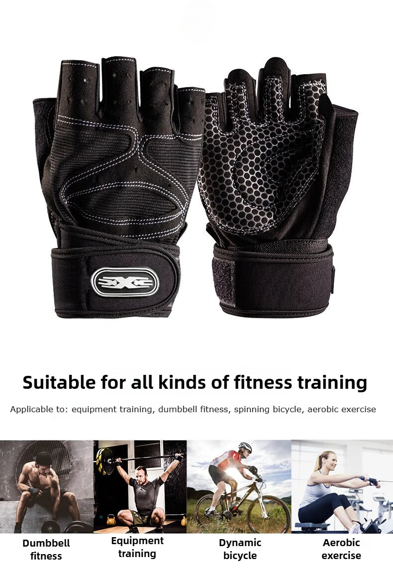 Black fingerless gym gloves with padded, textured palms and adjustable wrist straps.