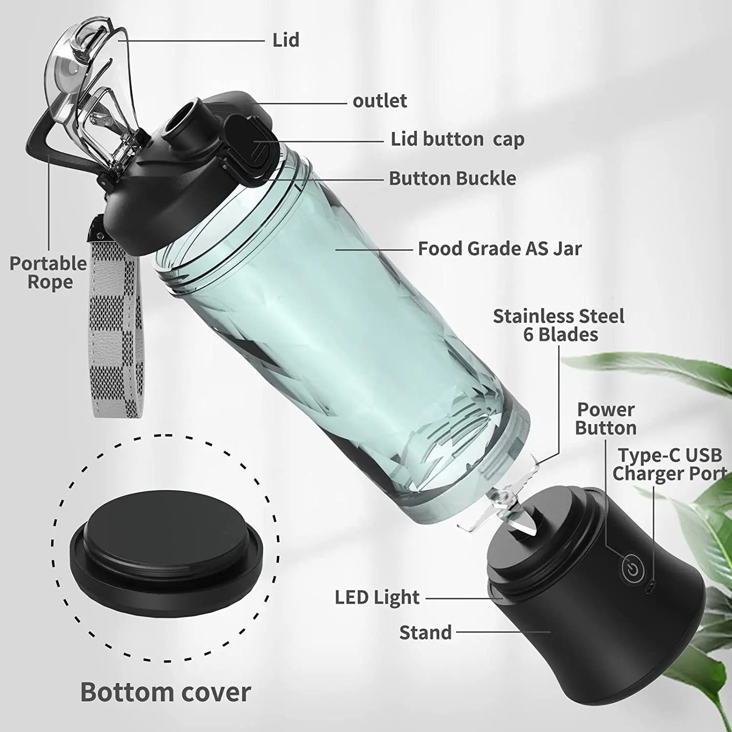Portable personal blender with a teal jar, black base with stainless steel blades, and a checkered carrying strap.
