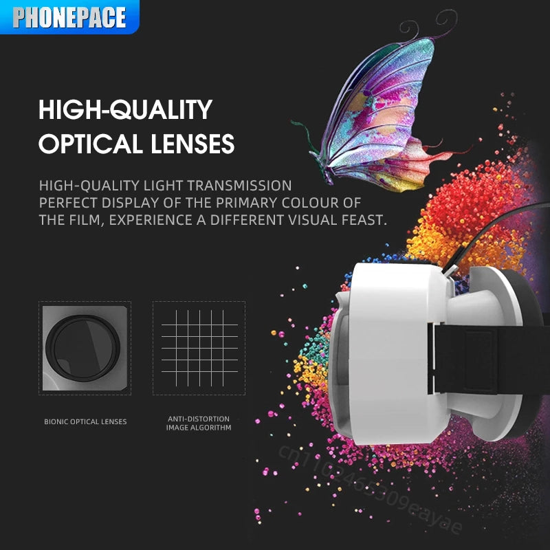 White smartphone VR headset with optical lenses, shown against a black background with a colourful butterfly graphic.