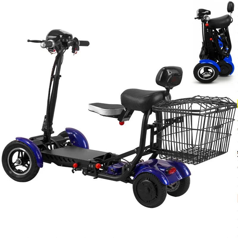 Blue 4-wheel mobility scooter with double seats, rear cargo basket, and inset showing it folded.