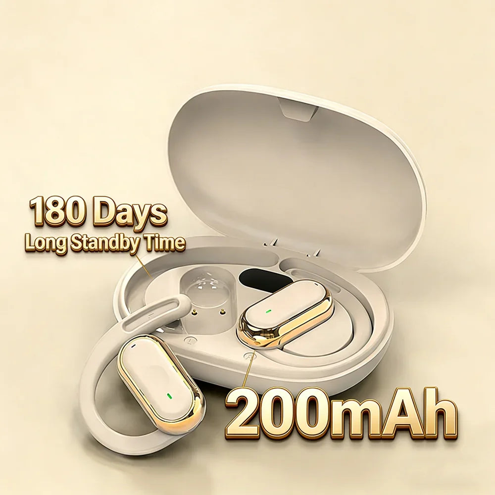 Beige and gold wireless earbuds with ear hooks in a matching charging case, set against a light background.