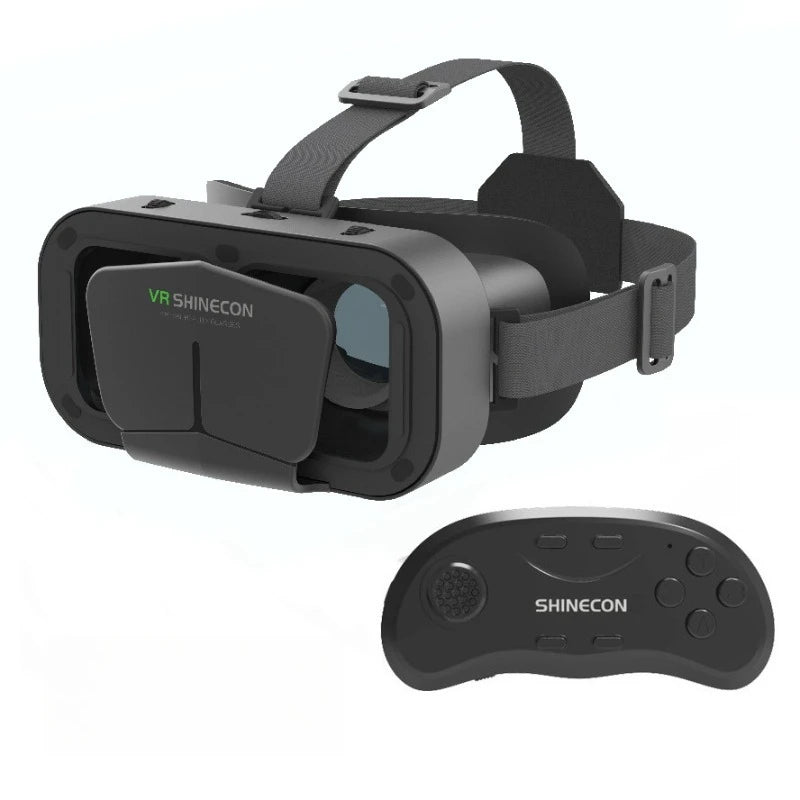 Black smartphone VR headset with adjustable head straps and a matching wireless game controller.