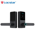 Modern matte black digital door lock with a numeric keypad and integrated fingerprint scanner on the handle.