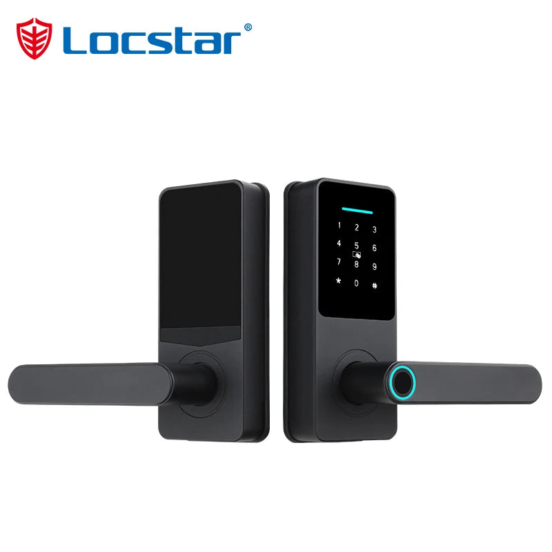 Modern matte black digital door lock with a numeric keypad and integrated fingerprint scanner on the handle.