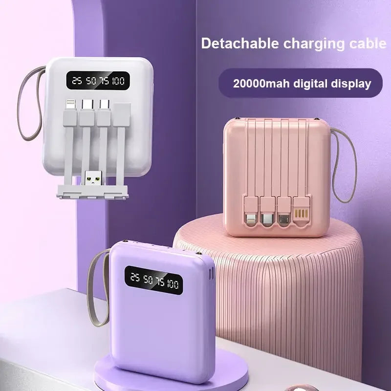 White, pink, and lilac 20000mAh power banks with built-in charging cables and a digital display on a purple background.