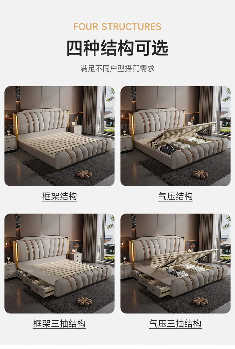 Luxury modern cream upholstered bed with vertical channel headboard, integrated warm side lighting, and storage options.