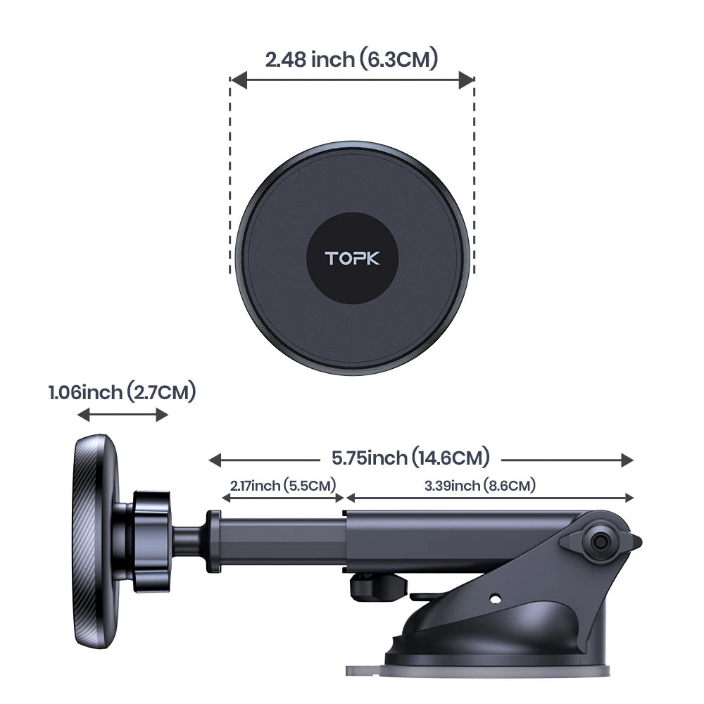Black magnetic phone mount for cars with an adjustable suction base and extendable arm. Detailed dimensions included.