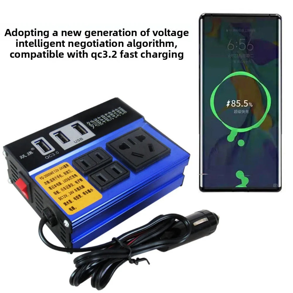 Blue and black 2000W car power inverter with USB and AC charging ports, shown with a cigarette lighter power cable.