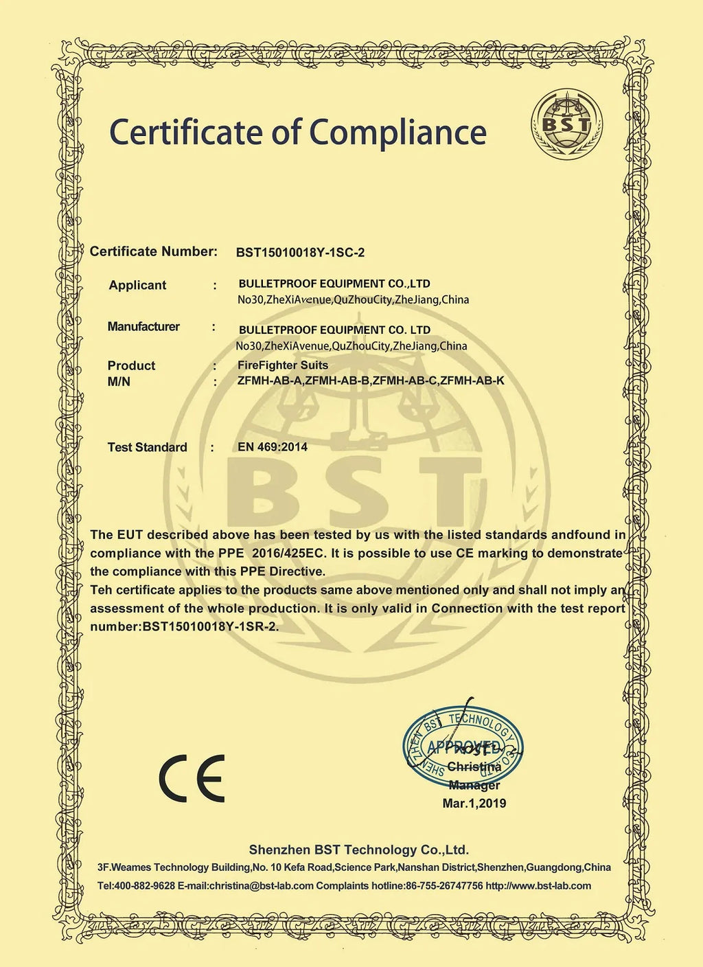 Yellow paper Certificate of Compliance for firefighter suits, model ZFMH-AB, dated March 1, 2019.