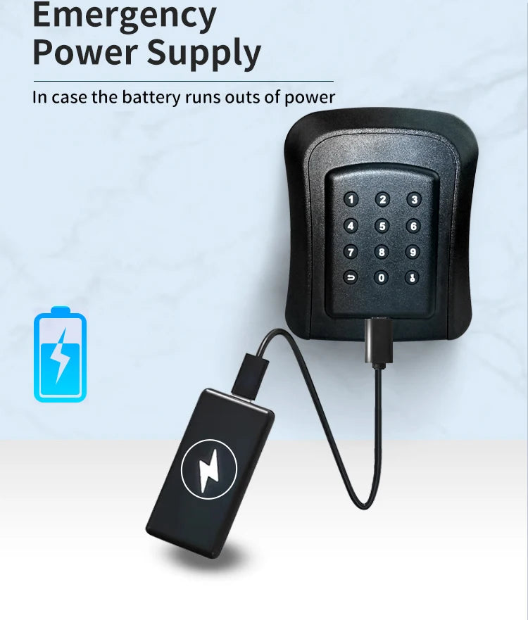 Black plastic electronic keypad for a door lock connected to a small rectangular emergency power bank via USB cable.