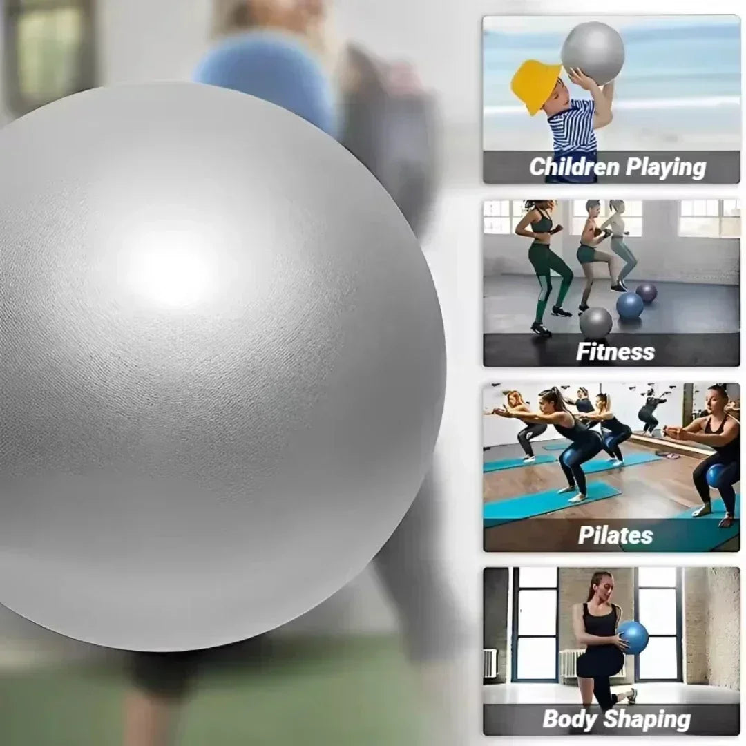 A grey, textured mini exercise ball shown in close-up and in use for fitness, Pilates, and children's play.